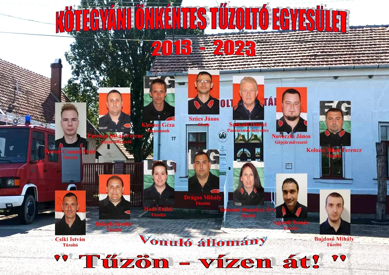 Az egyesület vonuló állományának tablója, 2013–2023, „Tűzön-vízen át!” felirattal