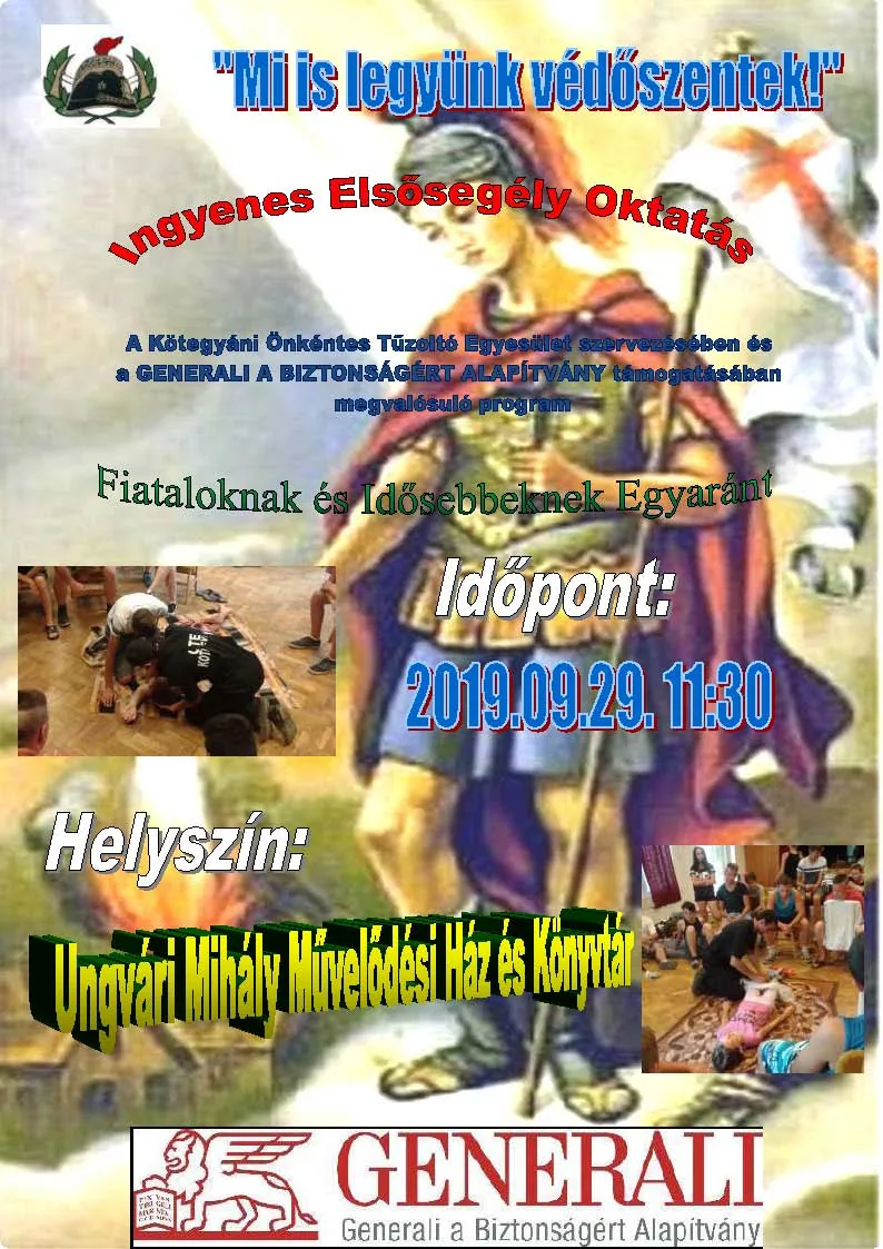 A „Mi is legyünk védőszentek!” ingyenes elsősegély-oktatás plakátja, 2019. szeptember 29.